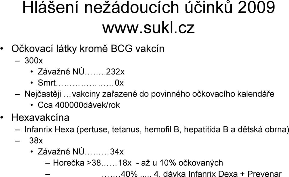 400000dávek/rok Hexavakcína Infanrix Hexa (pertuse, tetanus, hemofil B, hepatitida B a