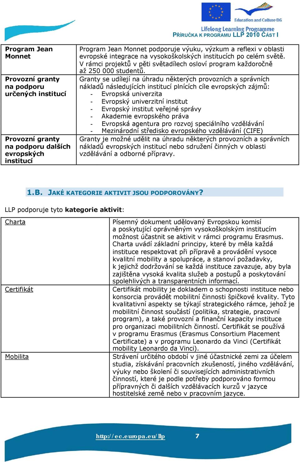 Provozní granty Granty se udílejí na úhradu některých provozních a správních na podporu nákladů následujících institucí plnících cíle evropských zájmů: určených institucí - Evropská univerzita -