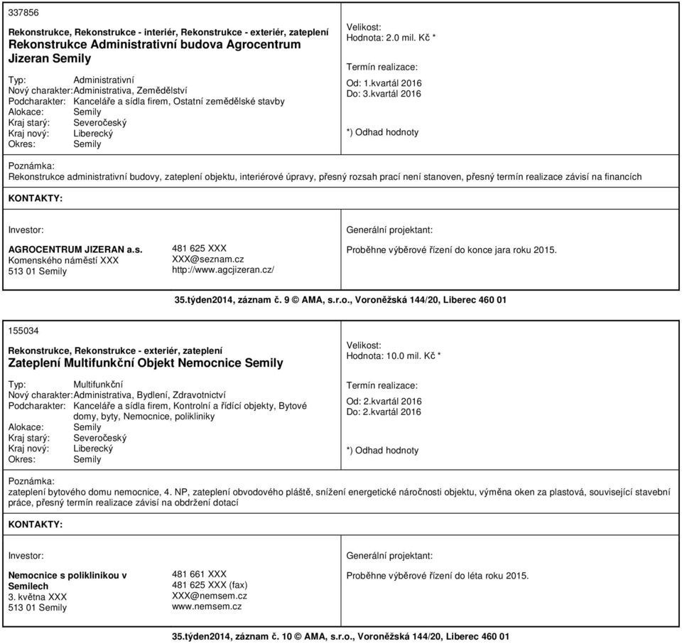 kvartál 2016 Rekonstrukce administrativní budovy, zateplení objektu, interiérové úpravy, přesný rozsah prací není stanoven, přesný termín realizace závisí na financích AGROCENTRUM JIZERAN a.s. Komenského náměstí XXX 513 01 Semily 481 625 XXX XXX@seznam.