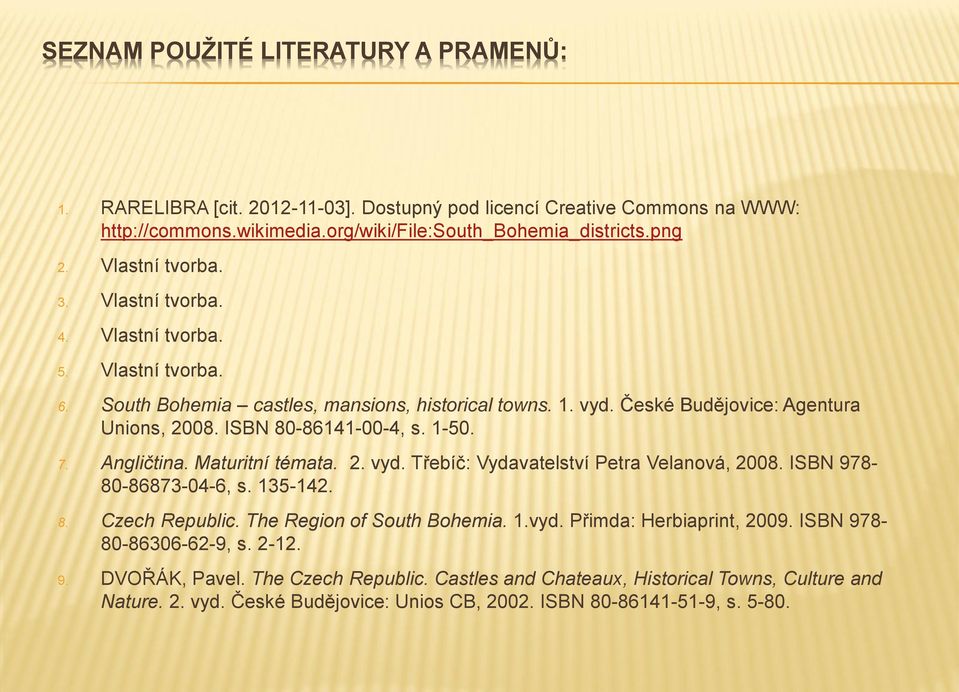 1-50. 7. Angličtina. Maturitní témata. 2. vyd. Třebíč: Vydavatelství Petra Velanová, 2008. ISBN 978-80-86873-04-6, s. 135-142. 8. Czech Republic. The Region of South Bohemia. 1.vyd. Přimda: Herbiaprint, 2009.