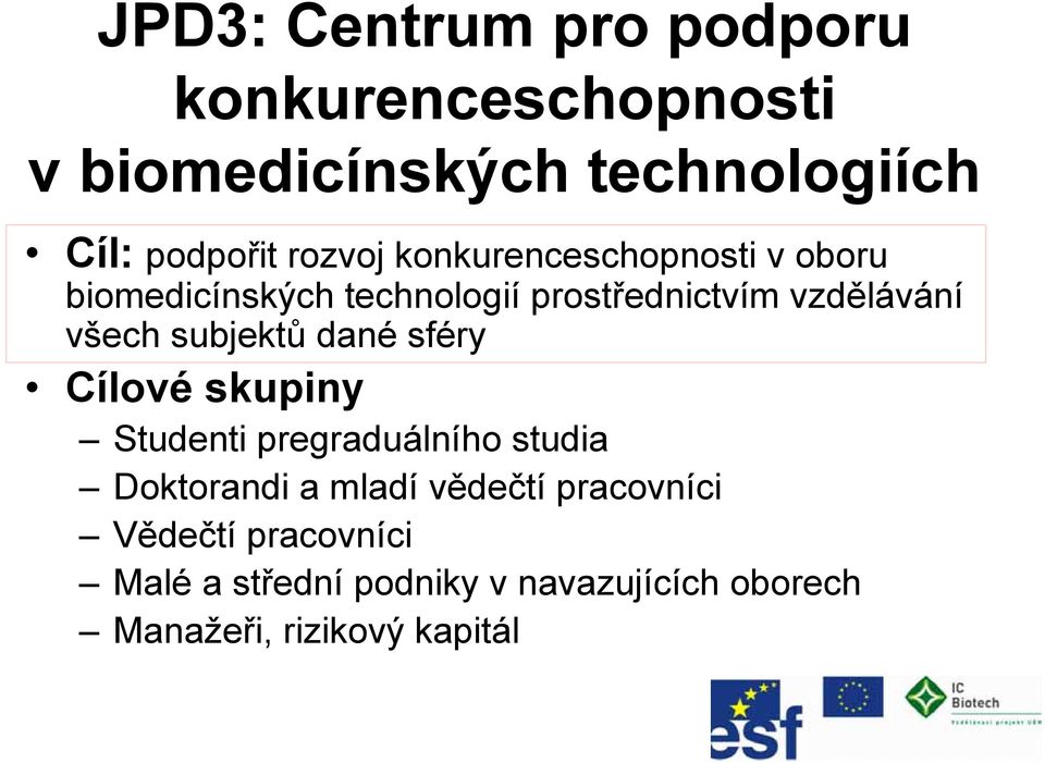 všech subjektů dané sféry Cílové skupiny Studenti pregraduálního studia Doktorandi a mladí