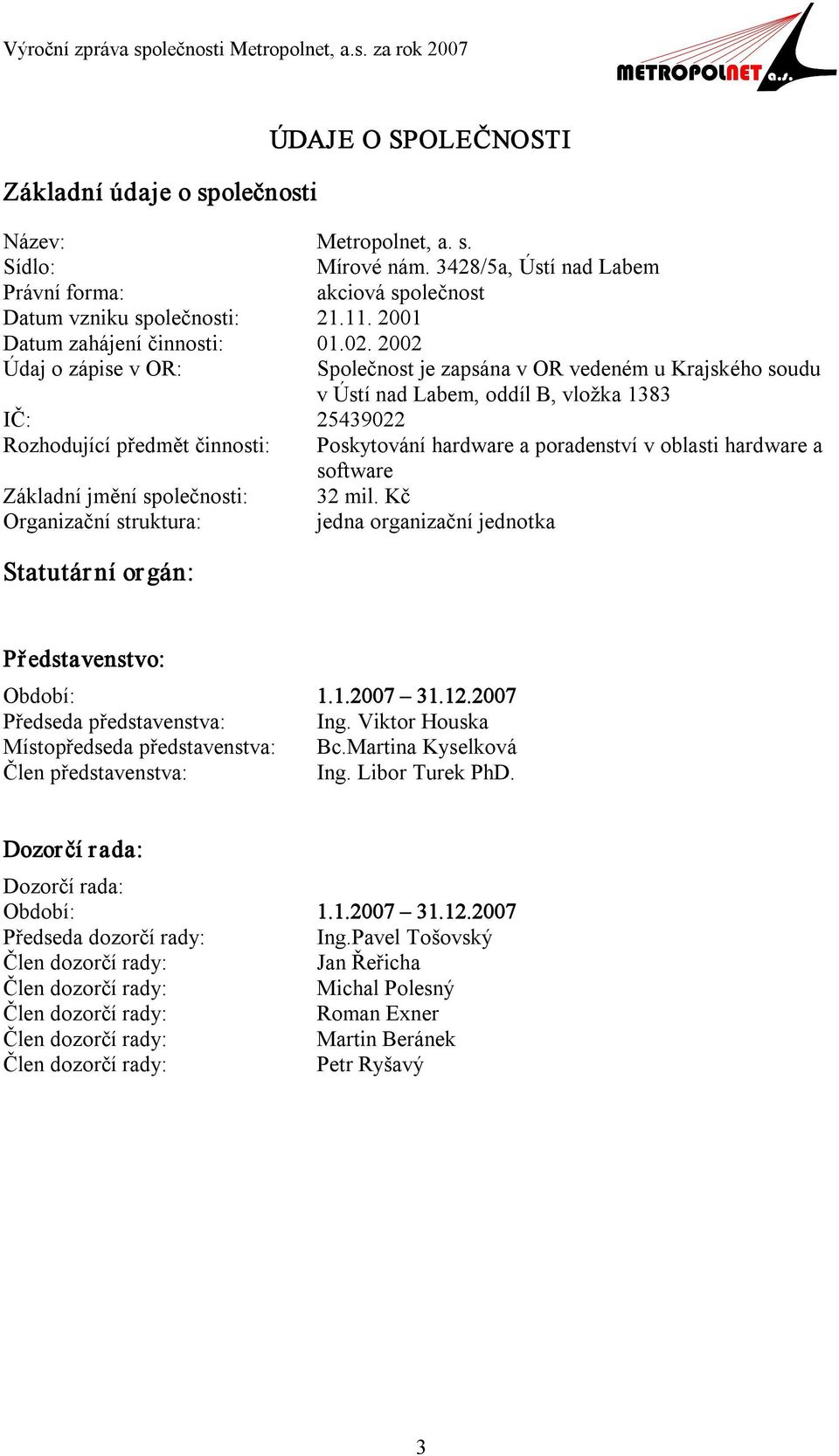 2002 Údaj o zápise v OR: Společnost je zapsána v OR vedeném u Krajského soudu v Ústí nad Labem, oddíl B, vložka 1383 IČ: 25439022 Rozhodující předmět činnosti: Poskytování hardware a poradenství v