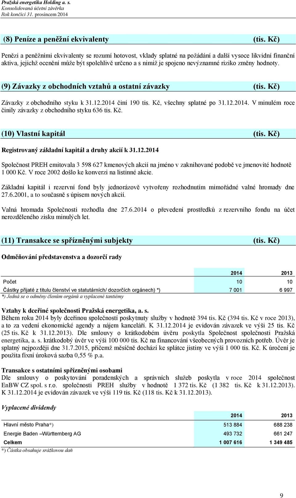 riziko změny hodnoty. (9) Závazky z obchodních vztahů a ostatní závazky (tis. Kč) Závazky z obchodního styku k 31.12.2014 činí 190 tis. Kč, všechny splatné po 31.12.2014. V minulém roce činily závazky z obchodního styku 636 tis.