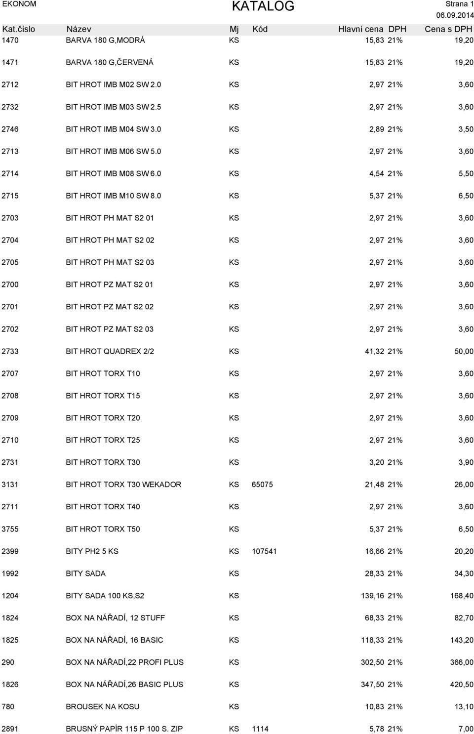 0 KS 5,37 21% 6,50 2703 BIT HROT PH MAT S2 01 KS 2,97 21% 3,60 2704 BIT HROT PH MAT S2 02 KS 2,97 21% 3,60 2705 BIT HROT PH MAT S2 03 KS 2,97 21% 3,60 2700 BIT HROT PZ MAT S2 01 KS 2,97 21% 3,60 2701