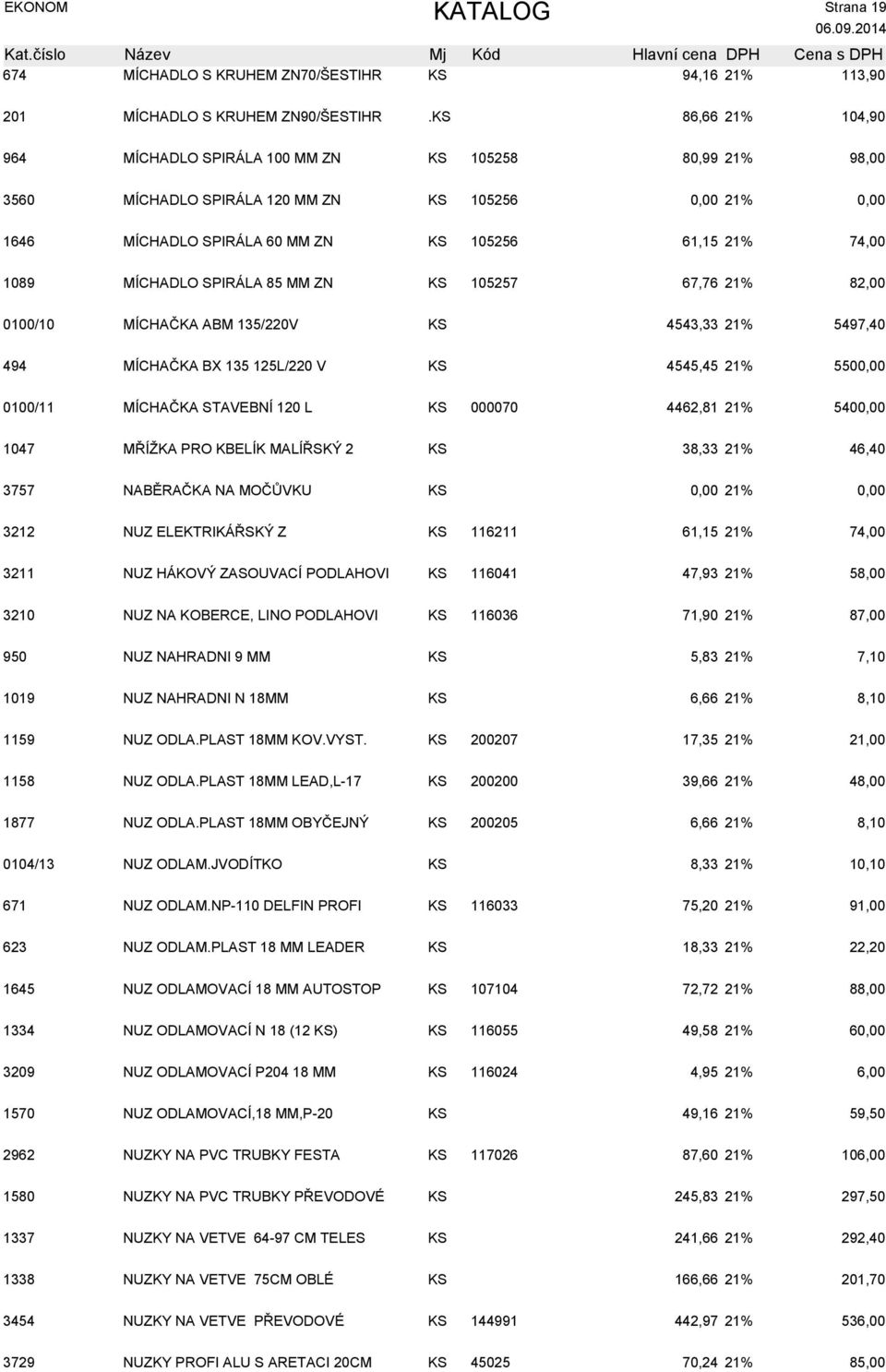 MÍCHADLO SPIRÁLA 85 MM ZN KS 105257 67,76 21% 82,00 0100/10 MÍCHAČKA ABM 135/220V KS 4543,33 21% 5497,40 494 MÍCHAČKA BX 135 125L/220 V KS 4545,45 21% 5500,00 0100/11 MÍCHAČKA STAVEBNÍ 120 L KS