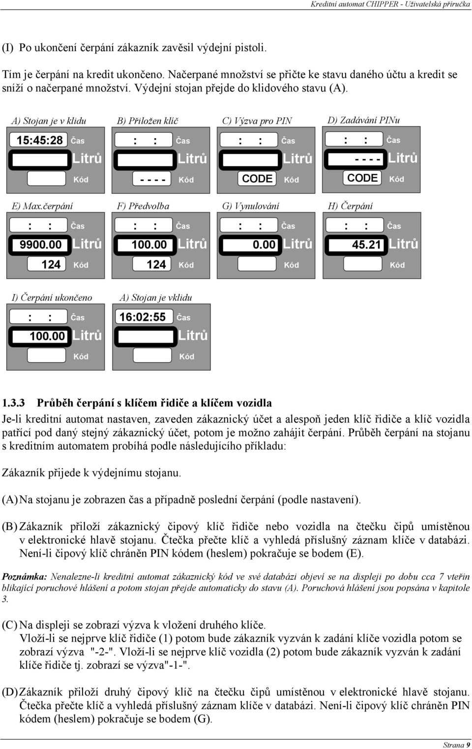 A) Stojan je v klidu B) Přiložen klíč C) Výzva pro PIN D) Zadávání PINu 15:45:28 - - - - Číslo klíče - - - - CODE CODE E) Max.čerpání F) Předvolba G) Vynulování H) Čerpání 9900.00 100.00 0.00 45.