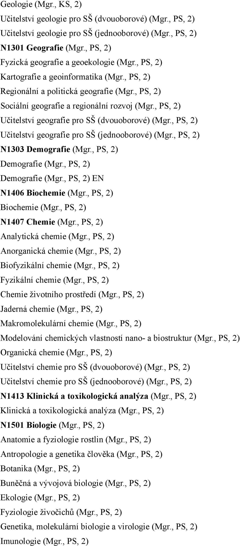 , PS, 2) Učitelství geografie pro SŠ (dvouoborové) (Mgr., PS, 2) Učitelství geografie pro SŠ (jednooborové) (Mgr., PS, 2) N1303 Demografie (Mgr., PS, 2) Demografie (Mgr.