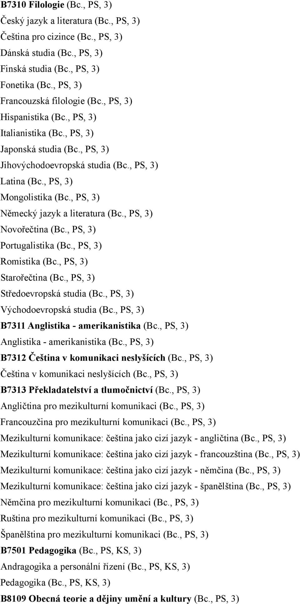 , PS, 3) Mongolistika (Bc., PS, 3) Německý jazyk a literatura (Bc., PS, 3) Novořečtina (Bc., PS, 3) Portugalistika (Bc., PS, 3) Romistika (Bc., PS, 3) Starořečtina (Bc.
