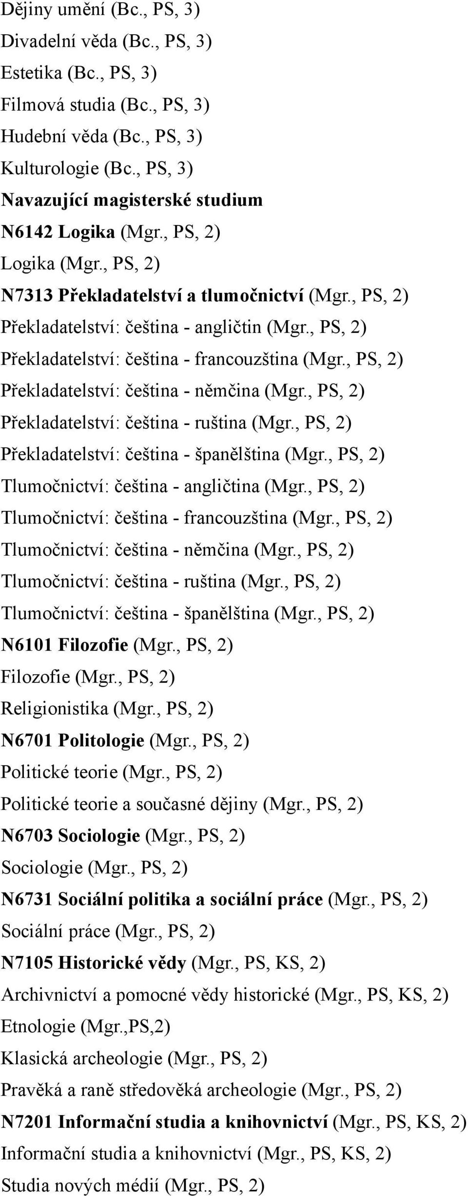 , PS, 2) Překladatelství: čeština - němčina (Mgr., PS, 2) Překladatelství: čeština - ruština (Mgr., PS, 2) Překladatelství: čeština - španělština (Mgr., PS, 2) Tlumočnictví: čeština - angličtina (Mgr.