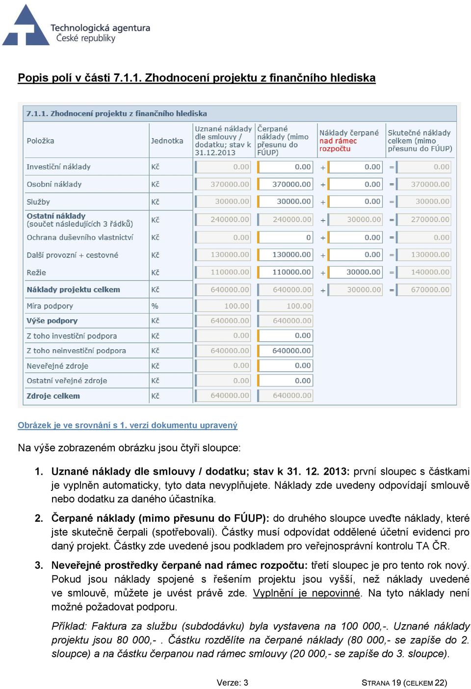 Náklady zde uvedeny odpovídají smlouvě nebo dodatku za daného účastníka. 2. Čerpané náklady (mimo přesunu do FÚUP): do druhého sloupce uveďte náklady, které jste skutečně čerpali (spotřebovali).