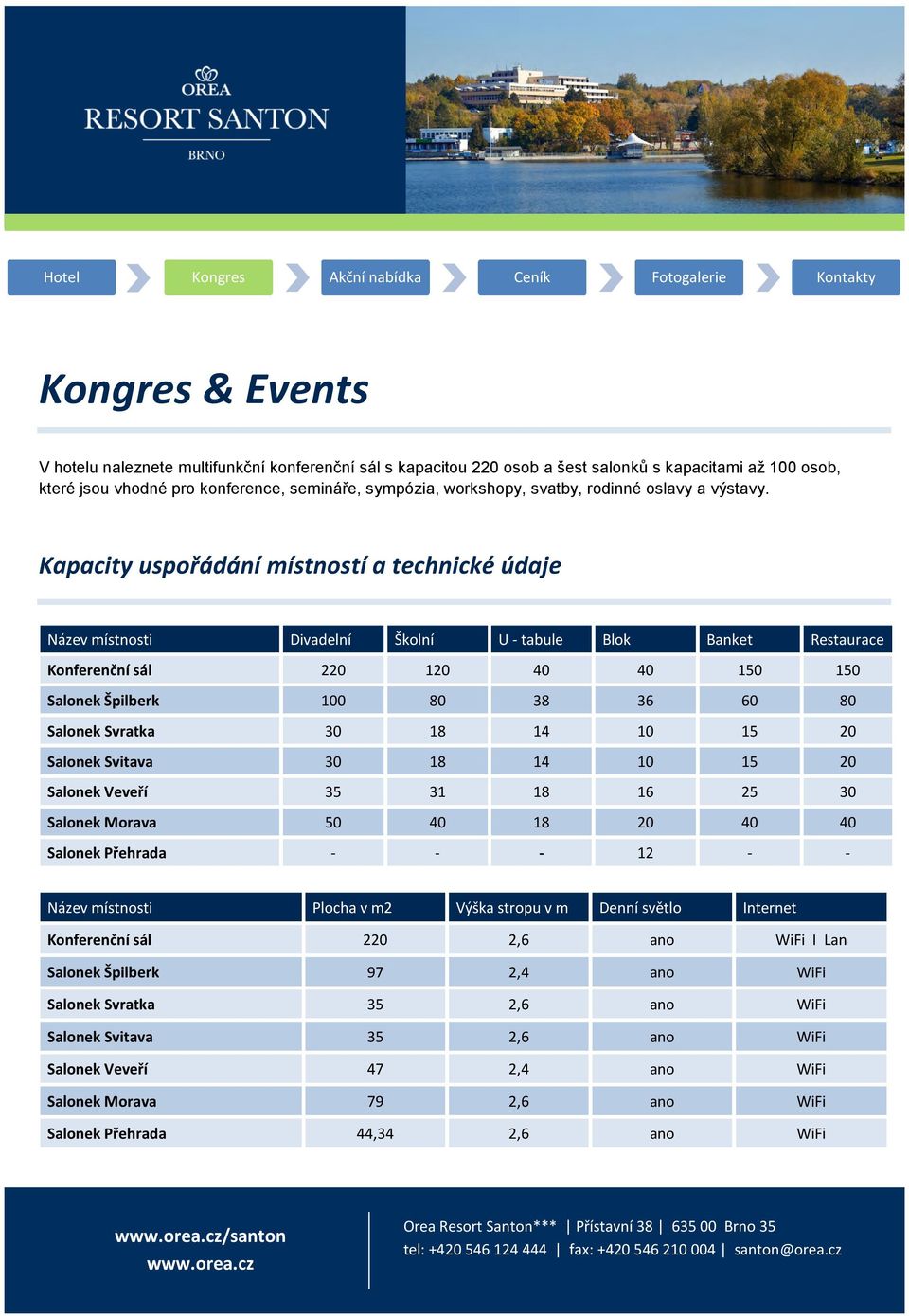 Kapacity uspořádání místností a technické údaje Název místnosti Divadelní Školní U - tabule Blok Banket Restaurace Konferenční sál 220 120 40 40 150 150 Salonek Špilberk 100 80 38 36 60 80 Salonek