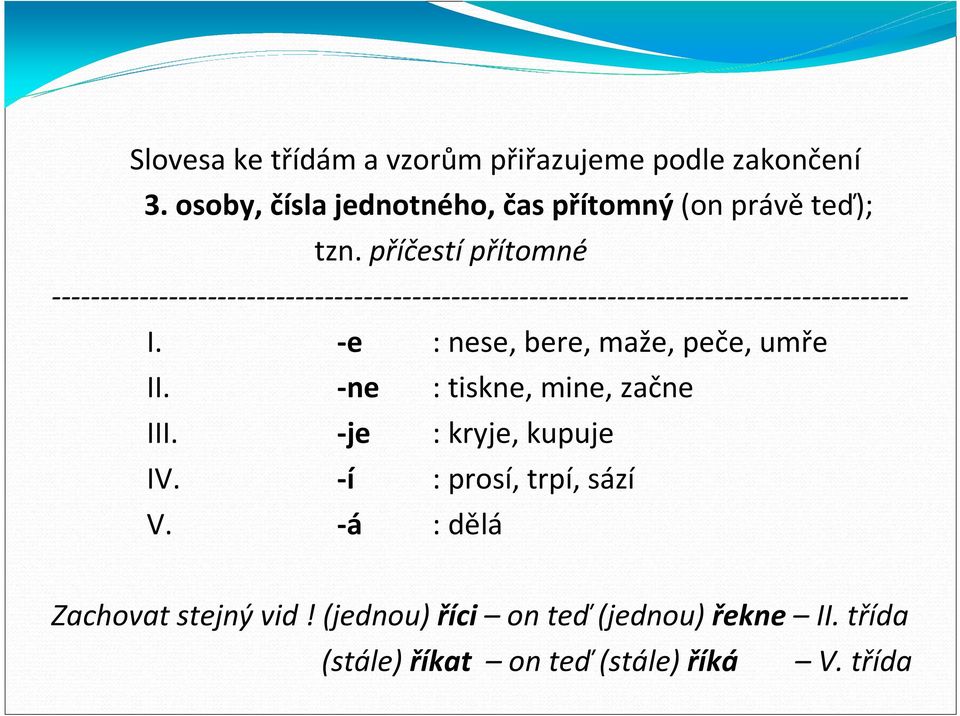 -e : nese, bere, maže, peče, umře II. -ne : tiskne, mine, začne III. -je : kryje, kupuje IV.