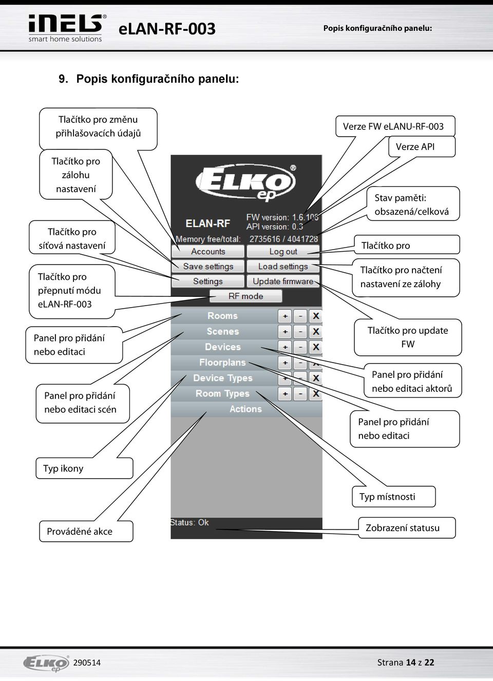 pro přepnutí módu elan-rf-003 Panel pro přidání nebo editaci Panel pro přidání nebo editaci scén Verze FW elanu-rf-003 Verze API Stav