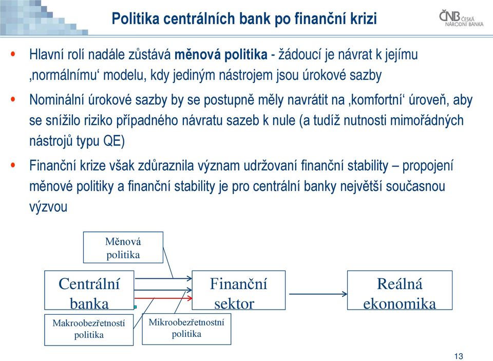 nutnosti mimořádných nástrojů typu QE) Finanční krize však zdůraznila význam udržovaní finanční stability propojení měnové politiky a finanční stability je pro