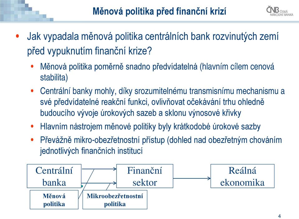 reakční funkci, ovlivňovat očekávání trhu ohledně budoucího vývoje úrokových sazeb a sklonu výnosové křivky Hlavním nástrojem měnové politiky byly krátkodobé úrokové