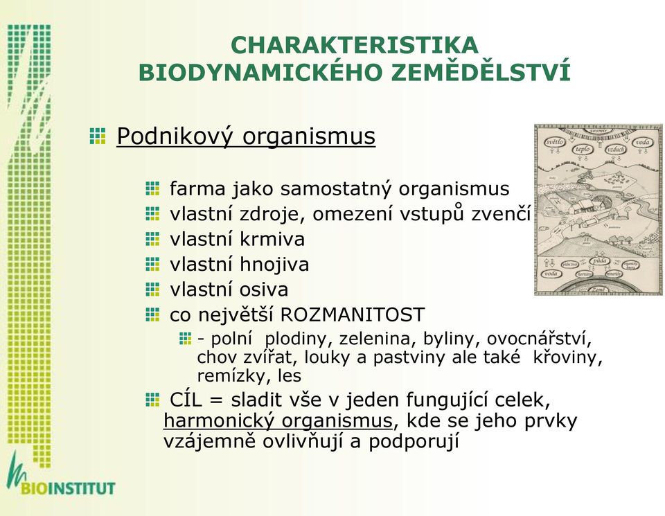 plodiny, zelenina, byliny, ovocnářství, chov zvířat, louky a pastviny ale také křoviny, remízky, les CÍL =