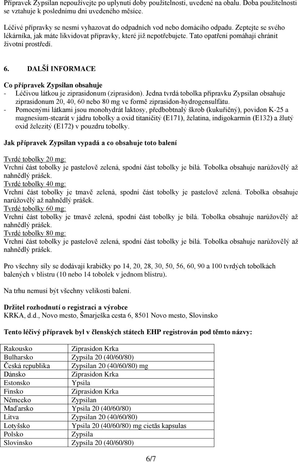 Tato opatření pomáhají chránit životní prostředí. 6. DALŠÍ INFORMACE Co přípravek Zypsilan obsahuje - Léčivou látkou je ziprasidonum (ziprasidon).