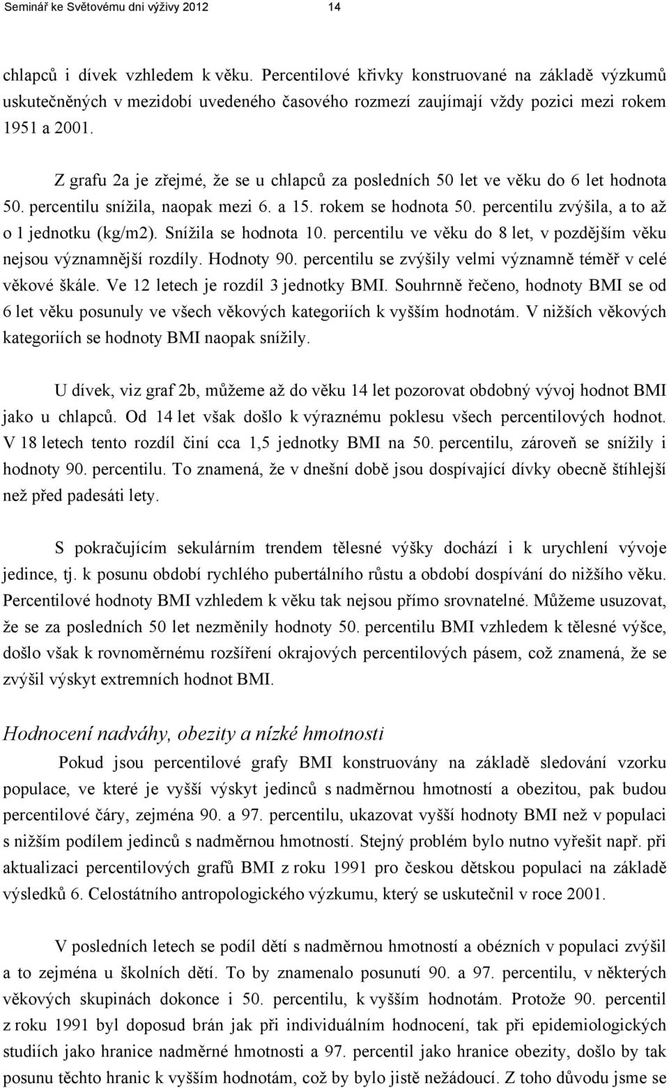 Z grafu 2a je zřejmé, že se u chlapců za posledních 50 let ve věku do 6 let hodnota 50. percentilu snížila, naopak mezi 6. a 15. rokem se hodnota 50. percentilu zvýšila, a to až o 1 jednotku (kg/m2).