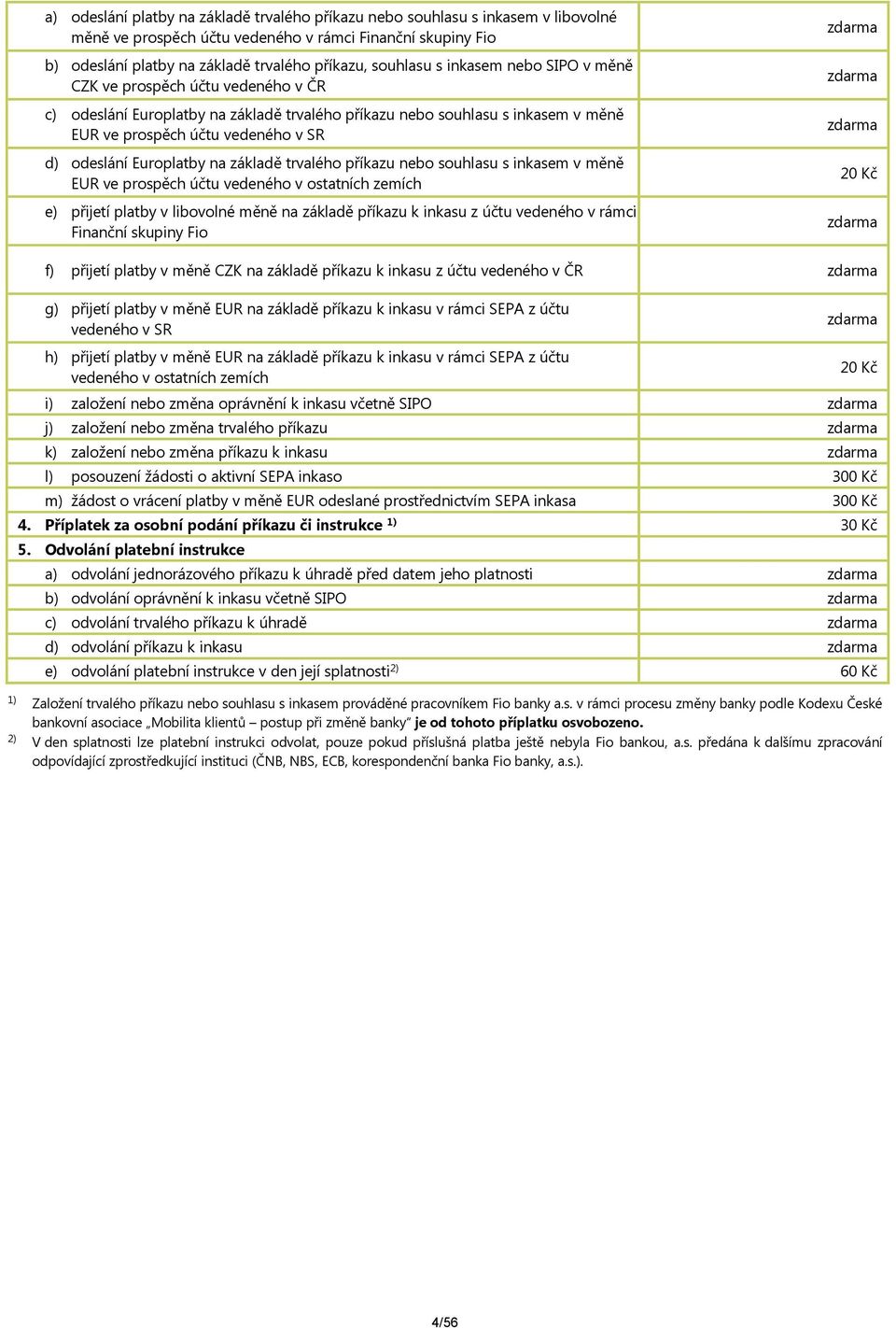 Europlatby na základě trvalého příkazu nebo souhlasu s inkasem v měně EUR ve prospěch účtu vedeného v ostatních zemích e) přijetí platby v libovolné měně na základě příkazu k inkasu z účtu vedeného v