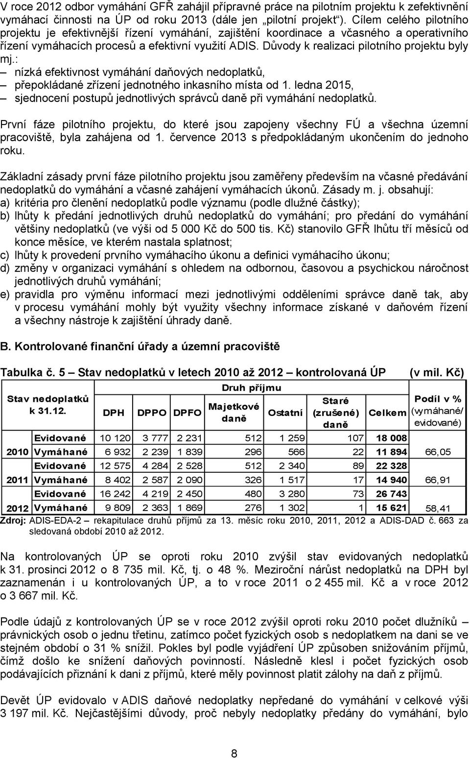 Důvody k realizaci pilotního projektu byly mj.: nízká efektivnost vymáhání daňových nedoplatků, přepokládané zřízení jednotného inkasního místa od 1.