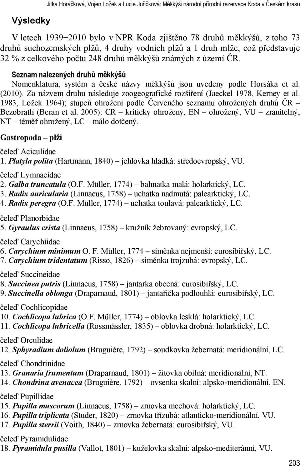 Seznam nalezených druh m kkýš Nomenklatura, systém a české názvy m kkýš jsou uvedeny podle Horsáka et al. (2010). Za názvem druhu následuje zoogeografické rozší ení (Jaeckel 1978, Kerney et al.