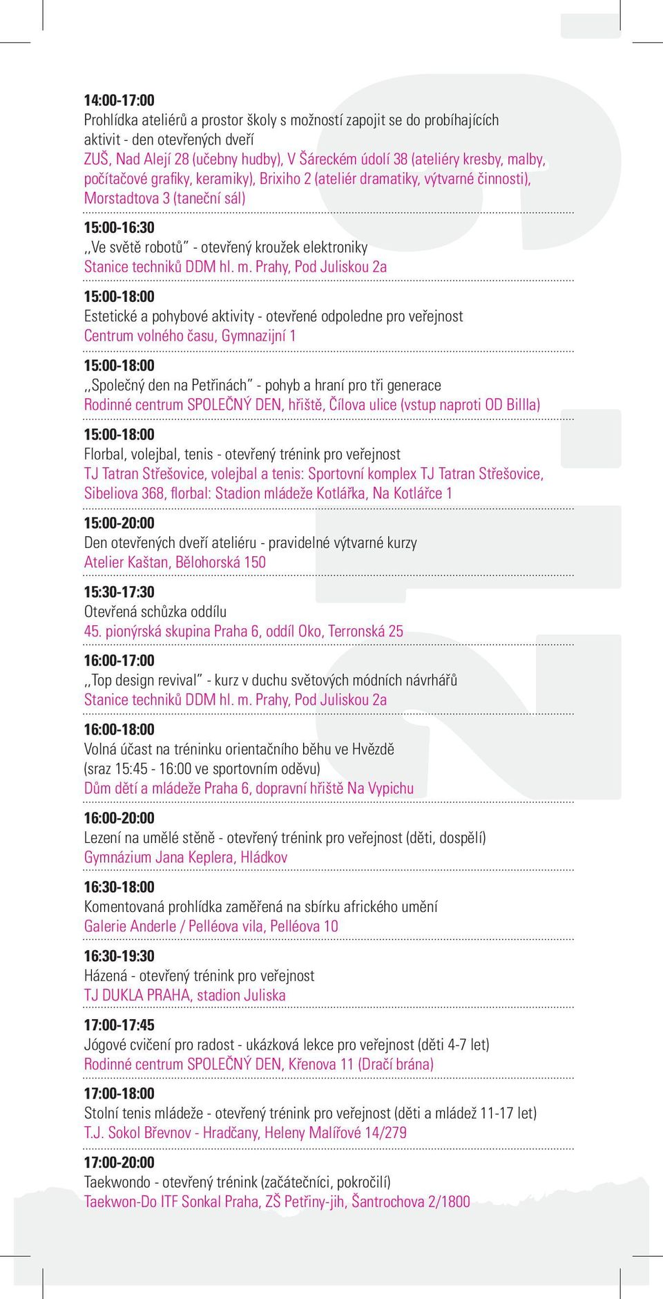 počítačové grafiky, keramiky), Brixiho 2 (ateliér dramatiky, výtvarné činnosti), Morstadtova 3 (taneční sál) 15:00-16:30,,Ve světě robotů - otevřený kroužek elektroniky Estetické a pohybové aktivity