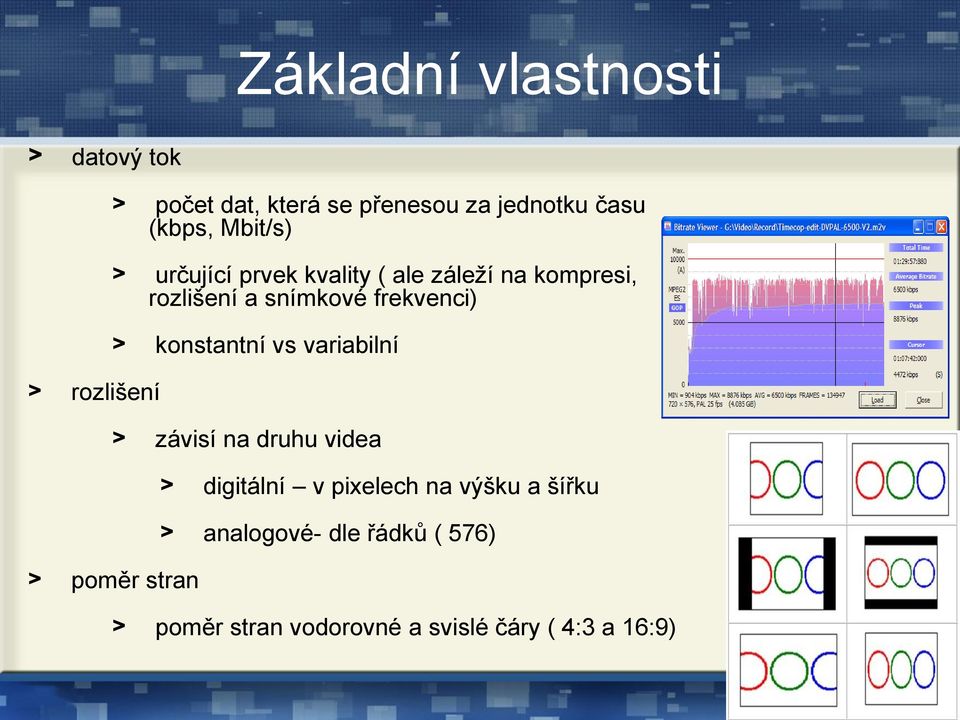 frekvenci) > konstantní vs variabilní > závisí na druhu videa > poměr stran > digitální v