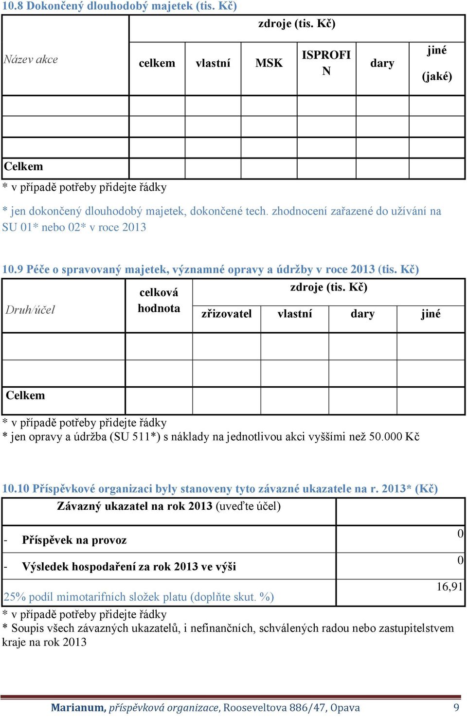 Kč) zřizovatel vlastní dary jiné Celkem * jen opravy a údržba (SU 511*) s náklady na jednotlivou akci vyššími než 50.000 Kč 10.10 Příspěvkové organizaci byly stanoveny tyto závazné ukazatele na r.