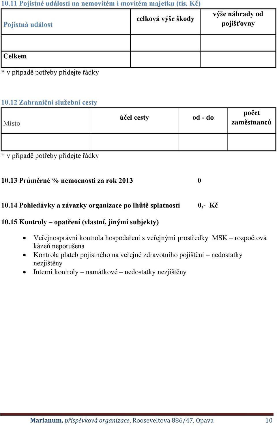 14 Pohledávky a závazky organizace po lhůtě splatnosti 0,- Kč 10.