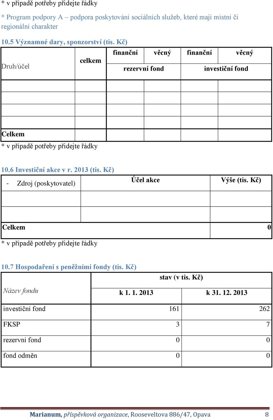 Kč) - Zdroj (poskytovatel) Účel akce Výše (tis. Kč) Celkem 0 10.7 Hospodaření s peněžními fondy (tis. Kč) stav (v tis. Kč) Název fondu k 1.