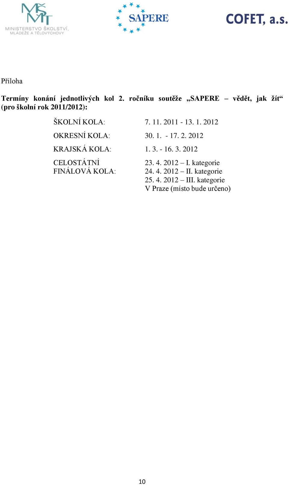 2011-13. 1. 2012 OKRESNÍ KOLA: 30. 1. - 17. 2. 2012 KRAJSKÁ KOLA: 1. 3. - 16. 3. 2012 CELOSTÁTNÍ FINÁLOVÁ KOLA: 23.