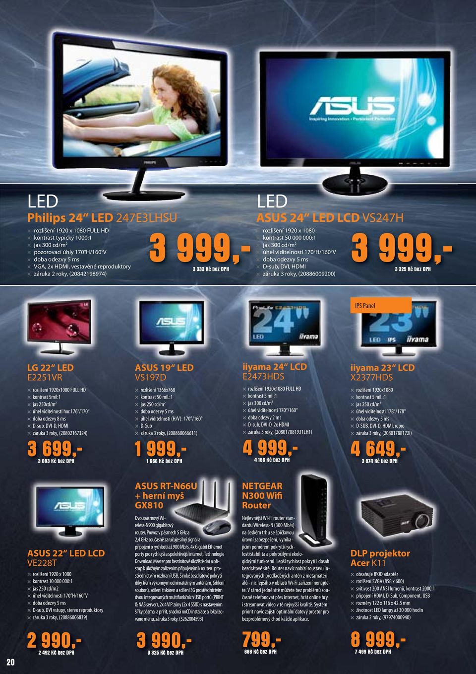 roky, (20886009200) 3 999,- 3325325 Kč bez DPH IPS Panel LG 22 LED E2251VR rozlišení 1920x1080 FULL HD kontrast 5mil:1 jas 250cd/m 2 úhel viditelnosti hor.