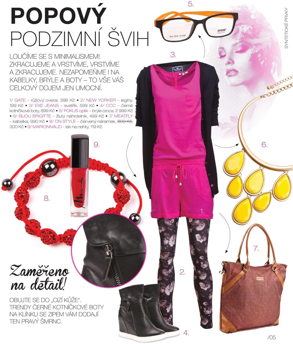 SYNTETICKÉ PRVKY 1/ GATE růžový overal, 398 Kč 2/ NEW YORKER legíny, 199 Kč 3/ EXE JEANS svetřík, 599 Kč 4/ CCC černé kotníčkové boty, 899 Kč 5/ FOKUS optik