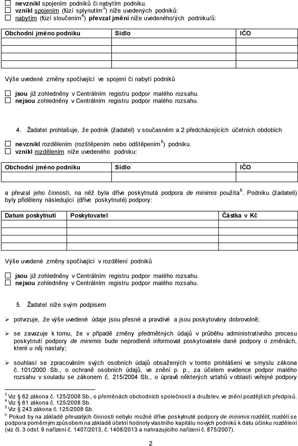 spojení či nabytí podniků jsou již zohledněny v Centrálním registru podpor malého rozsahu. nejsou zohledněny v Centrálním registru podpor malého rozsahu. 4.