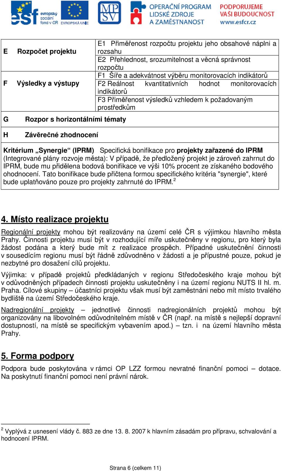 Kritérium Synergie (IPRM) Specifická bonifikace pro projekty zařazené do IPRM (Integrované plány rozvoje města): V případě, že předložený projekt je zároveň zahrnut do IPRM, bude mu přidělena bodová