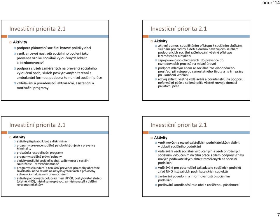 sociálního vyloučení osob, služeb poskytovaných terénní a ambulantní formou, podpora komunitní sociální práce vzdělávání a poradenství, aktivizační, asistenční a motivační programy 1 aktivní pomoc se