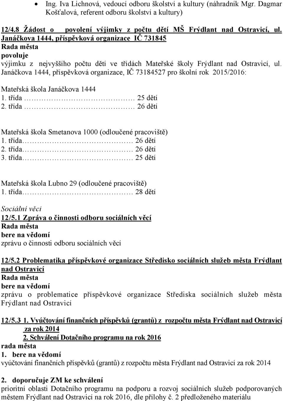 Janáčkova 1444, příspěvková organizace, IČ 73184527 pro školní rok 2015/2016: Mateřská škola Janáčkova 1444 1. třída 25 dětí 2. třída 26 dětí Mateřská škola Smetanova 1000 (odloučené pracoviště) 1.