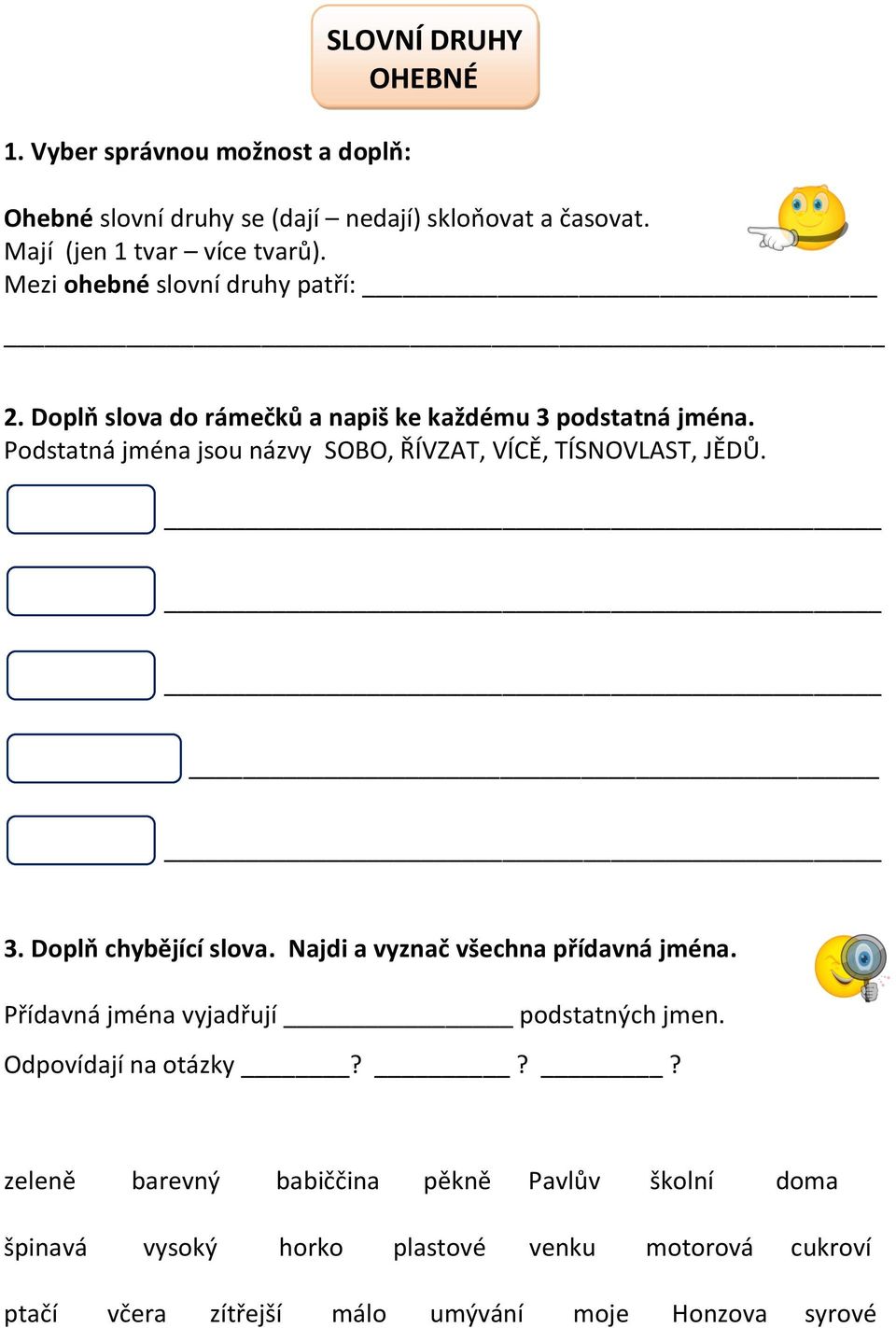 Podstatná jména jsou názvy SOBO, ŘÍVZAT, VÍCĚ, TÍSNOVLAST, JĚDŮ. 3. Doplň chybějící slova. Najdi a vyznač všechna přídavná jména.