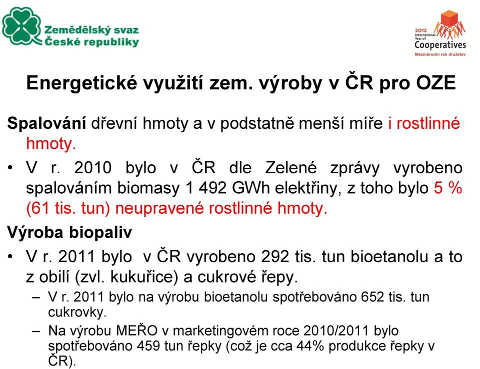 Výroba biopaliv V r. 2011 bylo v ČR vyrobeno 292 tis. tun bioetanolu a to z obilí (zvl. kukuřice) a cukrové řepy. V r. 2011 bylo na výrobu bioetanolu spotřebováno 652 tis.