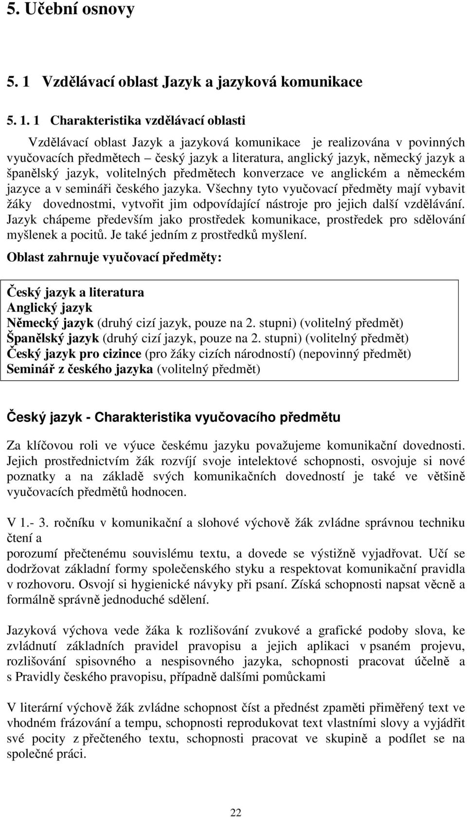 1 Chrkteristik vzdělávcí oblsti Vzdělávcí oblst Jzyk jzyková komunikce je relizován v povinných vyučovcích předmětech český jzyk litertur, nglický jzyk, německý jzyk špnělský jzyk, volitelných