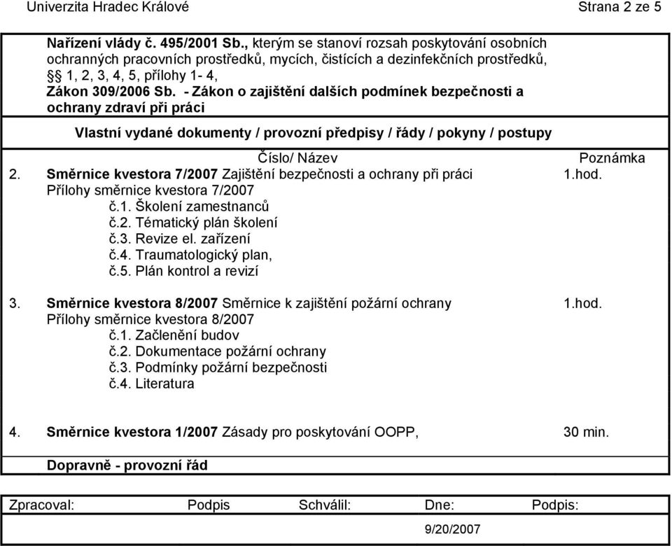 - Zákon o zajištění dalších podmínek bezpečnosti a ochrany zdraví při práci Číslo/ Název 2. Směrnice kvestora 7/2007 Zajištění bezpečnosti a ochrany při práci 1.hod.