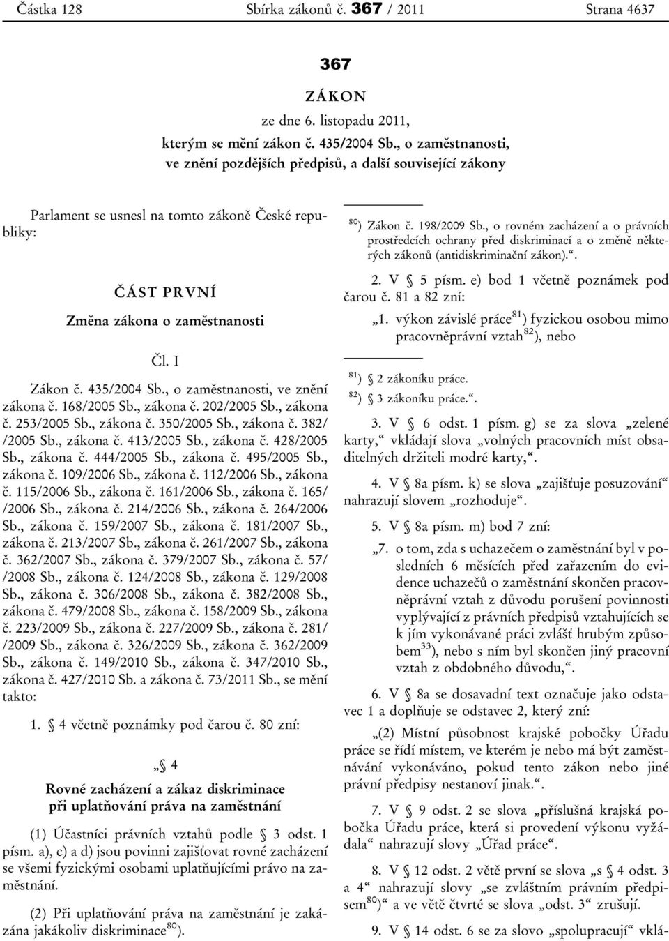 , o zaměstnanosti, ve znění zákona č. 168/2005 Sb., zákona č. 202/2005 Sb., zákona č. 253/2005 Sb., zákona č. 350/2005 Sb., zákona č. 382/ /2005 Sb., zákona č. 413/2005 Sb., zákona č. 428/2005 Sb.