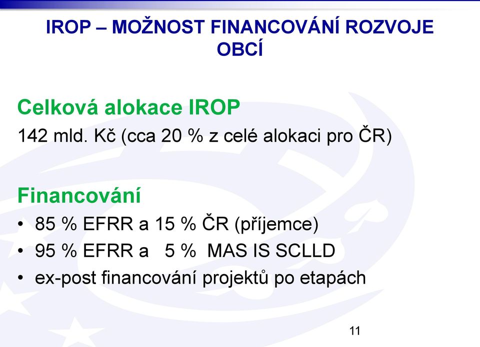 Kč (cca 20 % z celé alokaci pro ČR) Financování 85 %