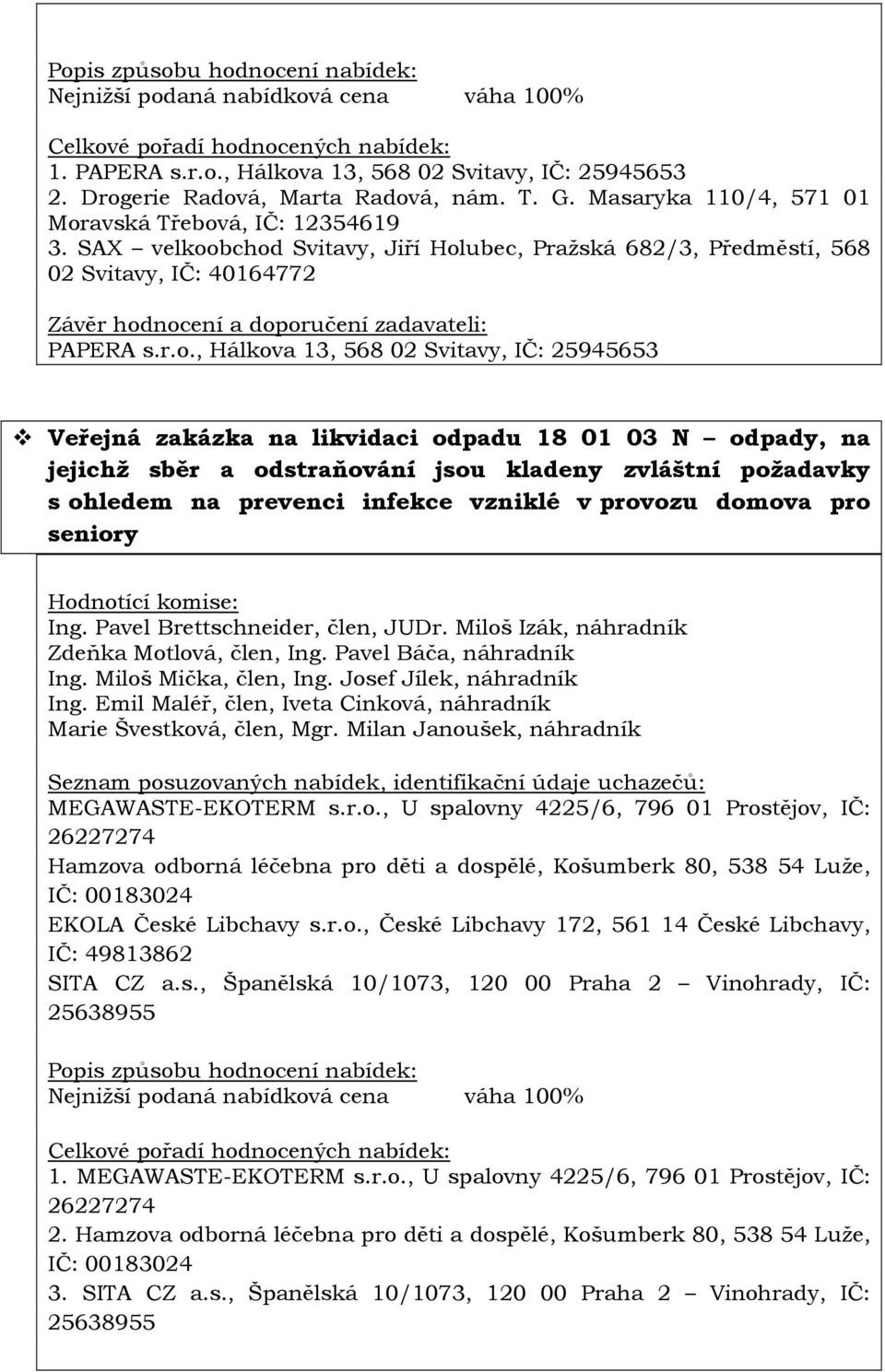 bchod Svitavy, Jiří Holubec, Pražská 682/3, Předměstí, 568 02 Svitavy, IČ: 40164772 Závěr hodnocení a doporučení zadavateli: PAPERA s.r.o., Hálkova 13, 568 02 Svitavy, IČ: 25945653 Veřejná zakázka na