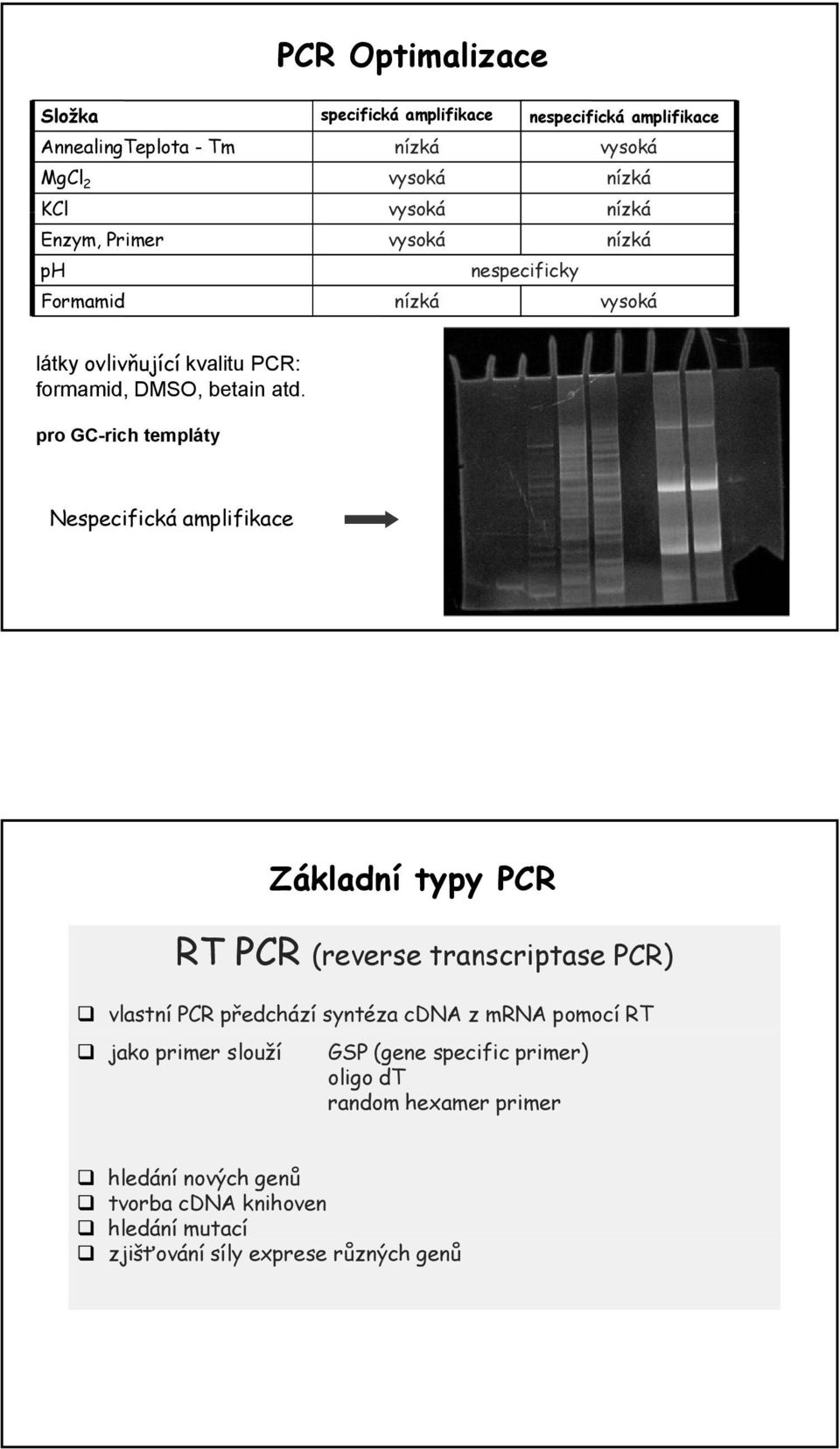 pro GC-rich templáty Nespecifická amplifikace Základní typy PCR RT PCR (reverse transcriptase PCR) vlastní PCR předchází syntéza cdna z mrna