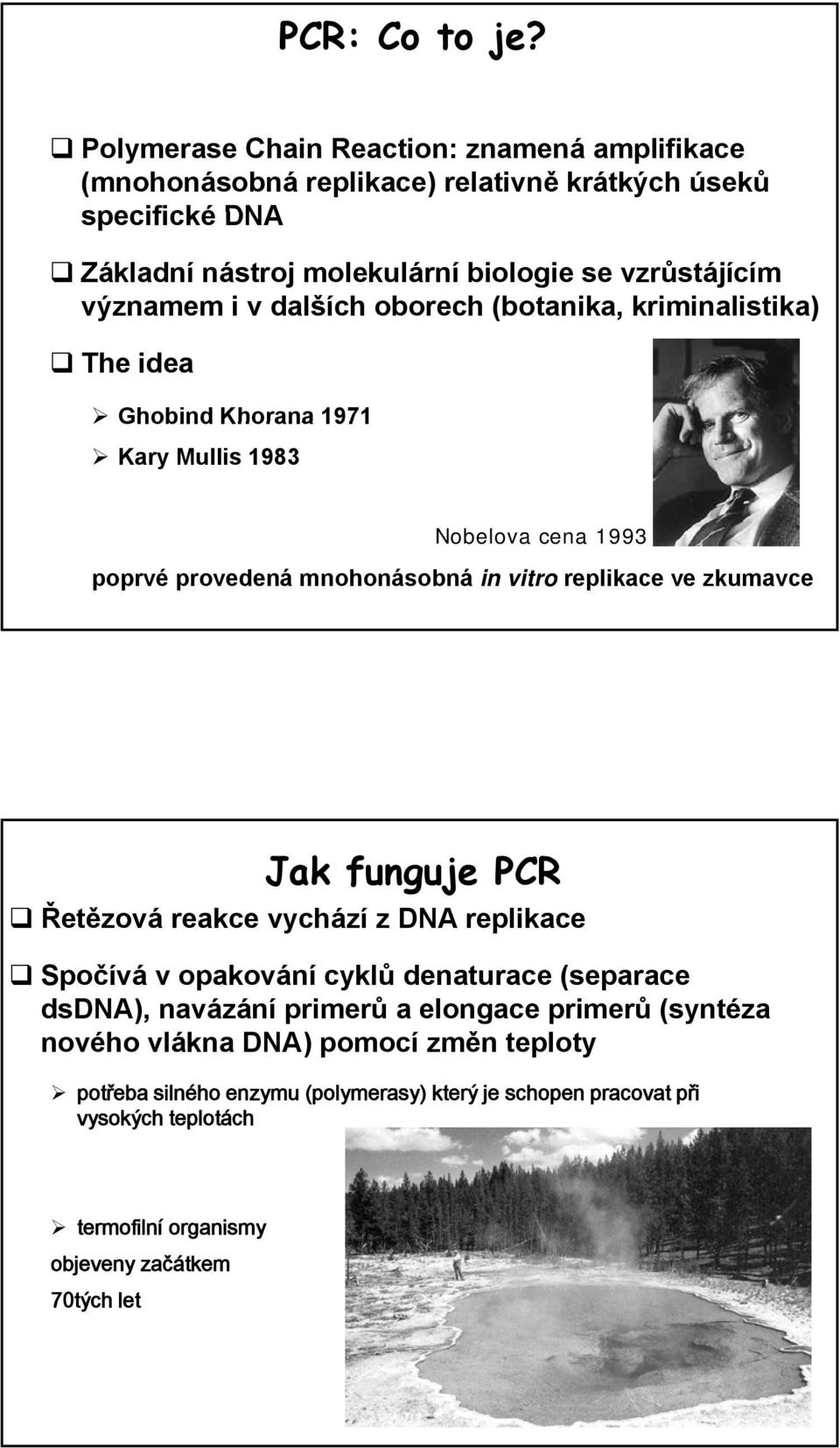 významem i v dalších oborech (botanika, kriminalistika) The idea Ghobind Khorana 1971 Kary Mullis 1983 Nobelova cena 1993 poprvé provedená mnohonásobná in vitro replikace ve