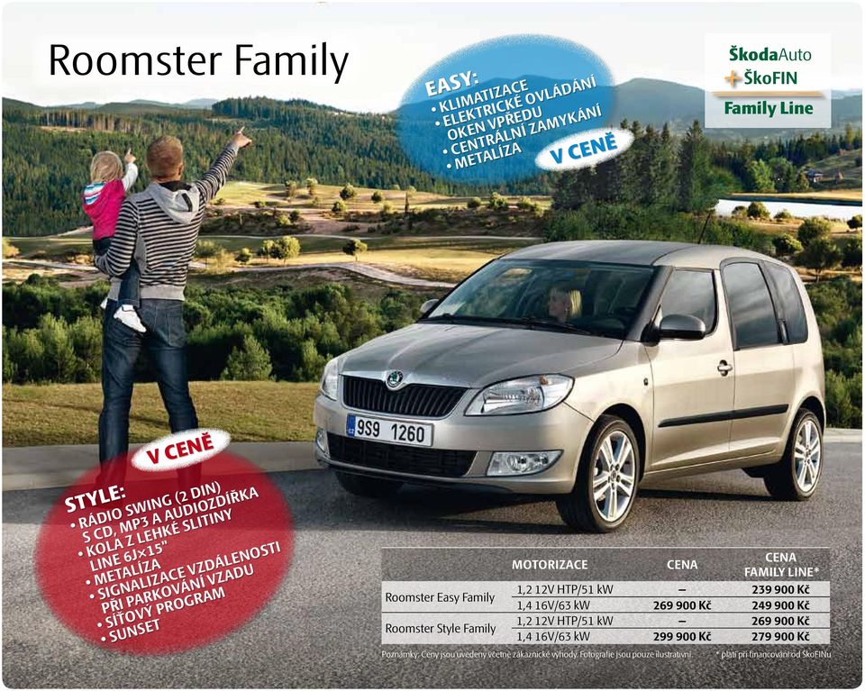 Roomster Style Family motorizace FAMILY LINE* 1,2 12V HTP/51 kw 239 900 Kč 1,4 16V/63 kw 269 900 Kč 249 900 Kč 1,2 12V HTP/51 kw 269 900 Kč