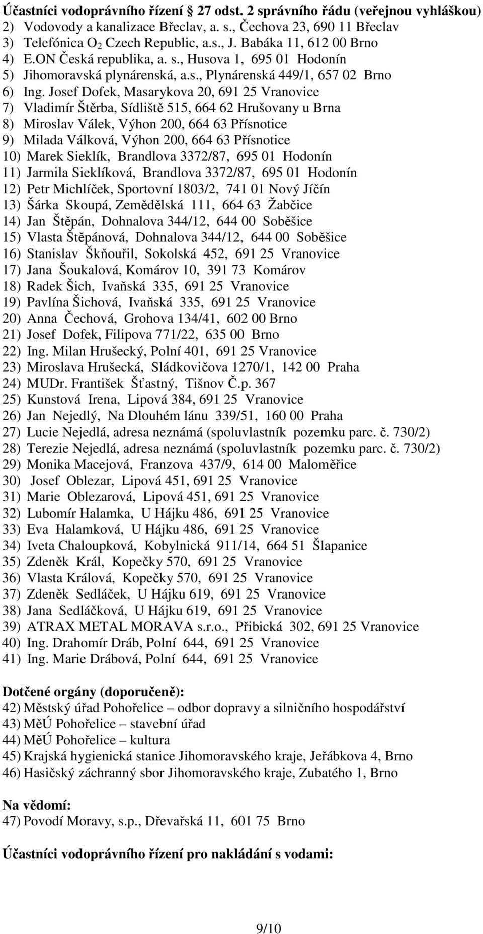 Josef Dofek, Masarykova 20, 691 25 Vranovice 7) Vladimír Štěrba, Sídliště 515, 664 62 Hrušovany u Brna 8) Miroslav Válek, Výhon 200, 664 63 Přísnotice 9) Milada Válková, Výhon 200, 664 63 Přísnotice