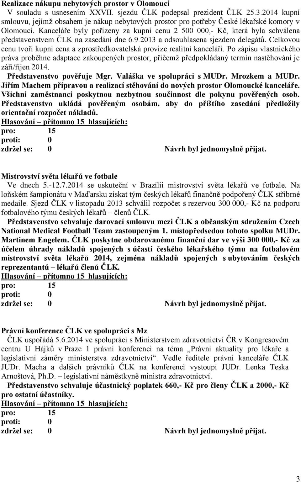 Kanceláře byly pořízeny za kupní cenu 2 500 000,- Kč, která byla schválena představenstvem ČLK na zasedání dne 6.9.2013 a odsouhlasena sjezdem delegátů.