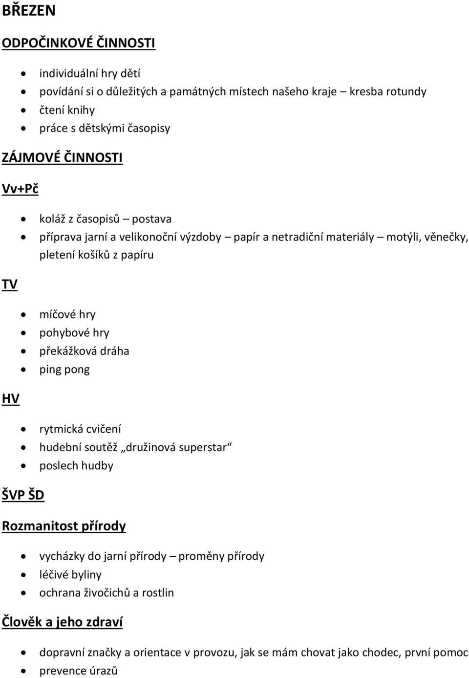 hry pohybové hry překážková dráha ping pong HV rytmická cvičení hudební soutěž družinová superstar poslech hudby ŠVP ŠD Rozmanitost přírody vycházky do jarní přírody